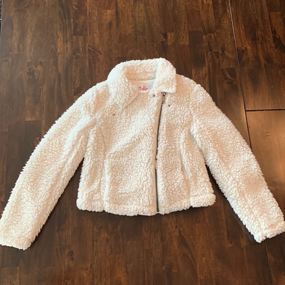 EUC Justice white Sherpa zippered jacket, size 10